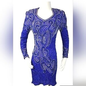 Royal Blue Beaded Long Sleeve Dress